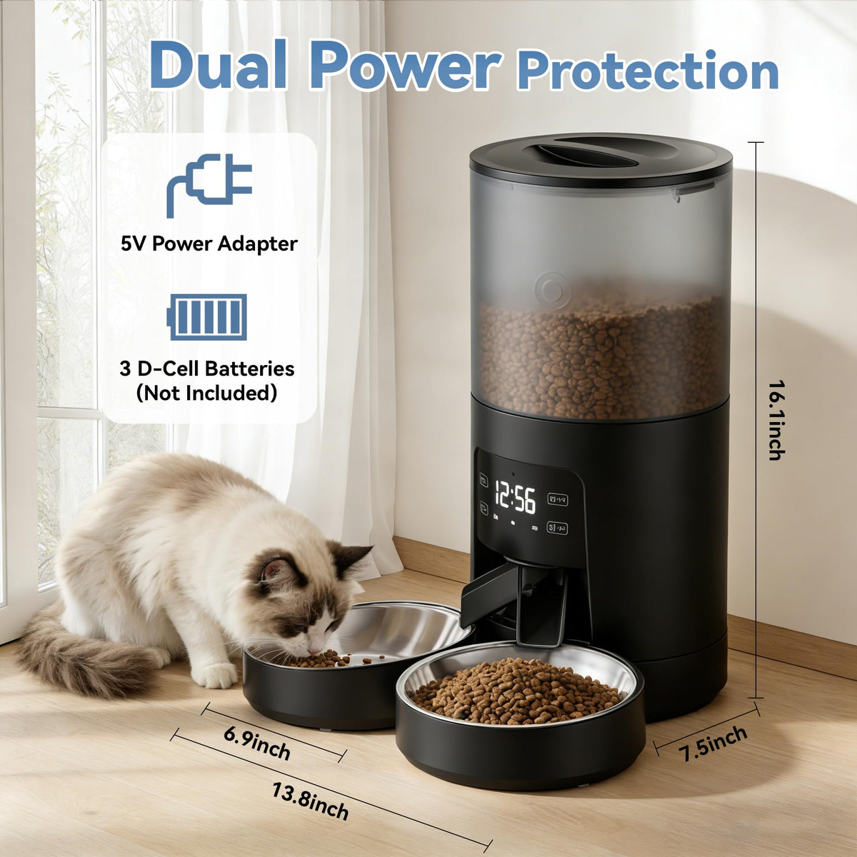 6L Automatic Cat Feeder with 2 Stainless Bowls Black U9930