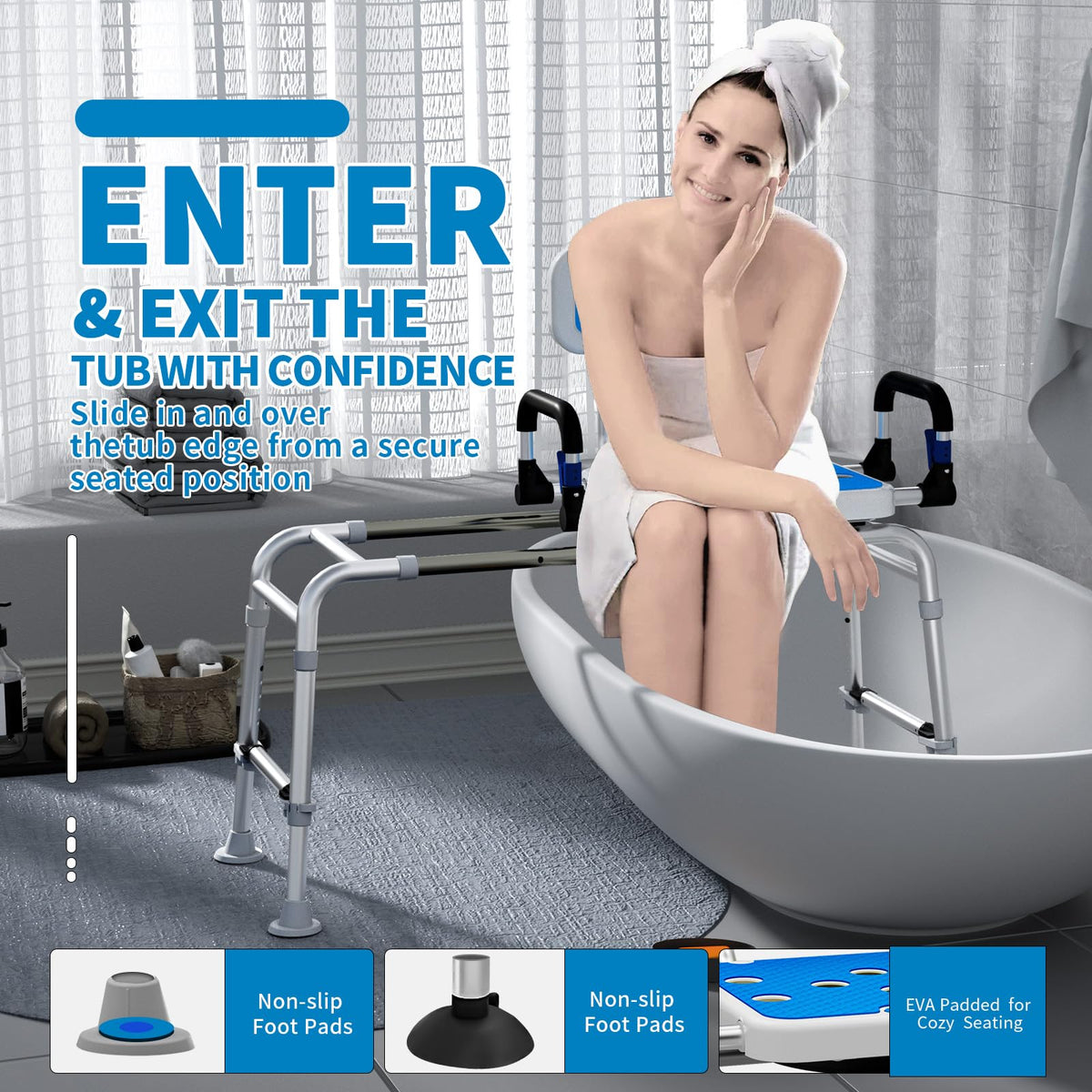 Sliding Shower Chair with Arms and Back, 500lbs Non Slip Aluminum Adjustable Height I499