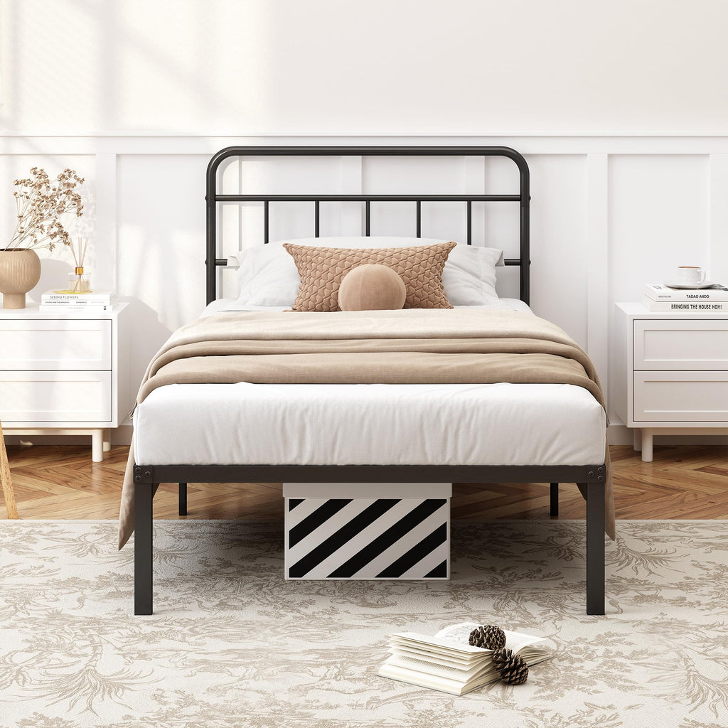 12 inches Twin Bed Frame with Minimalist Headboard, Black H953