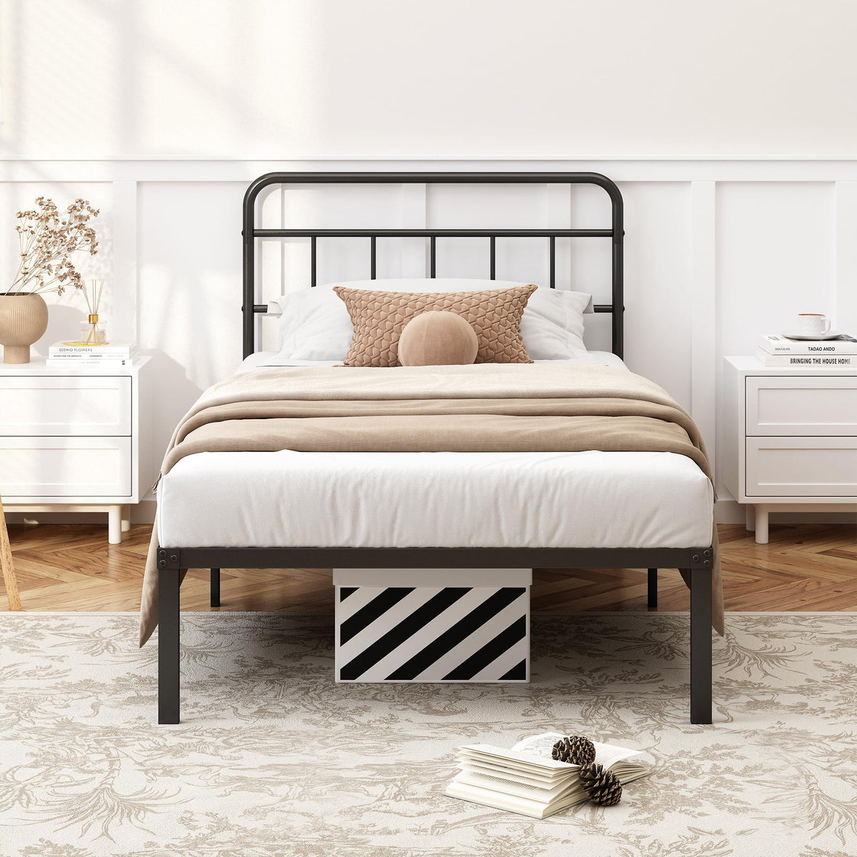 12 inches Twin Bed Frame with Minimalist Headboard, Black H953