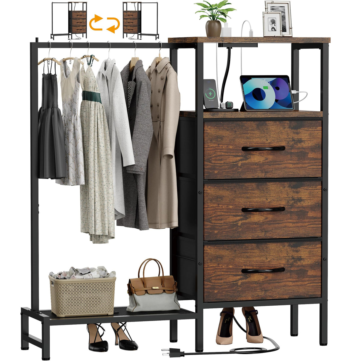 Brown 3 Drawer Fabric Dresser with Hanging Rack G6384