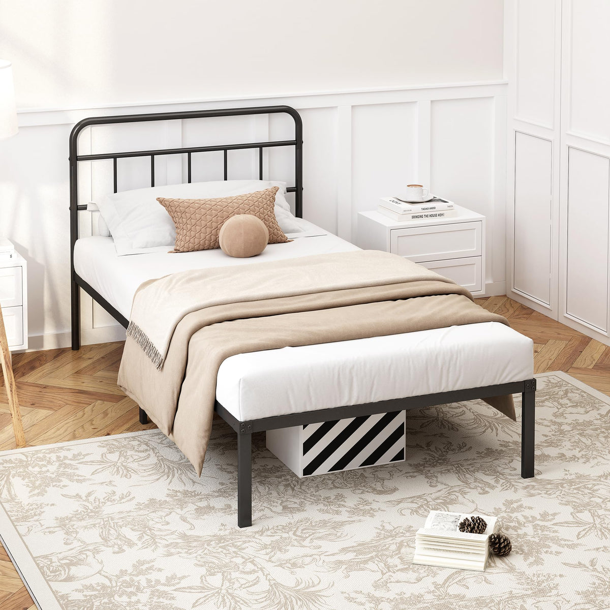 12 inches Twin Bed Frame with Minimalist Headboard, Black H953