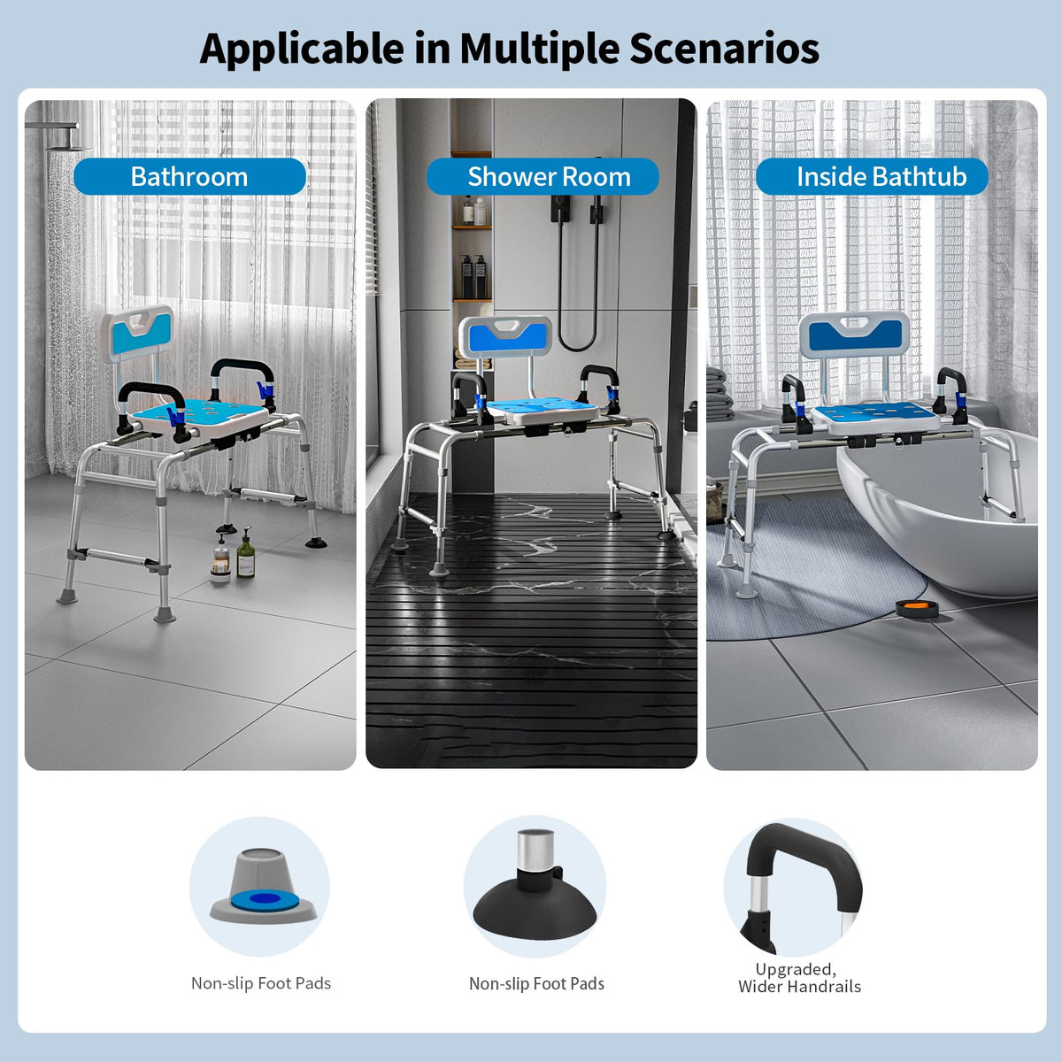 Sliding Shower Chair with Arms and Back, 500lbs Non Slip Aluminum Adjustable Height I499