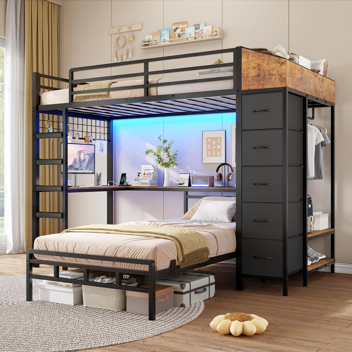Black L-Shaped Bunk Bed with Desk and Stairs W662