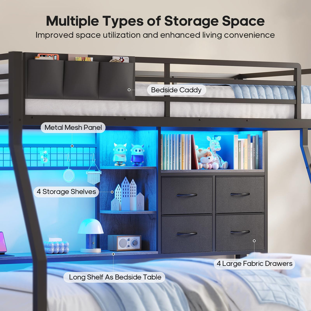 Black Twin Over Twin Bunk Bed with Charging Station & LED Lights L686005