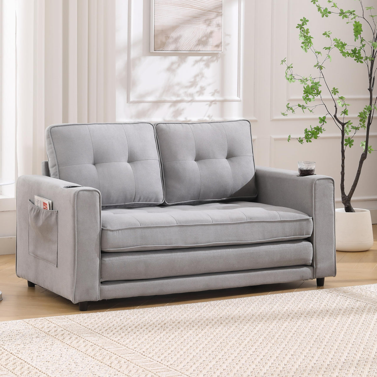 Light Gray Convertible Futon Sofa Bed with Cup Holder L6688