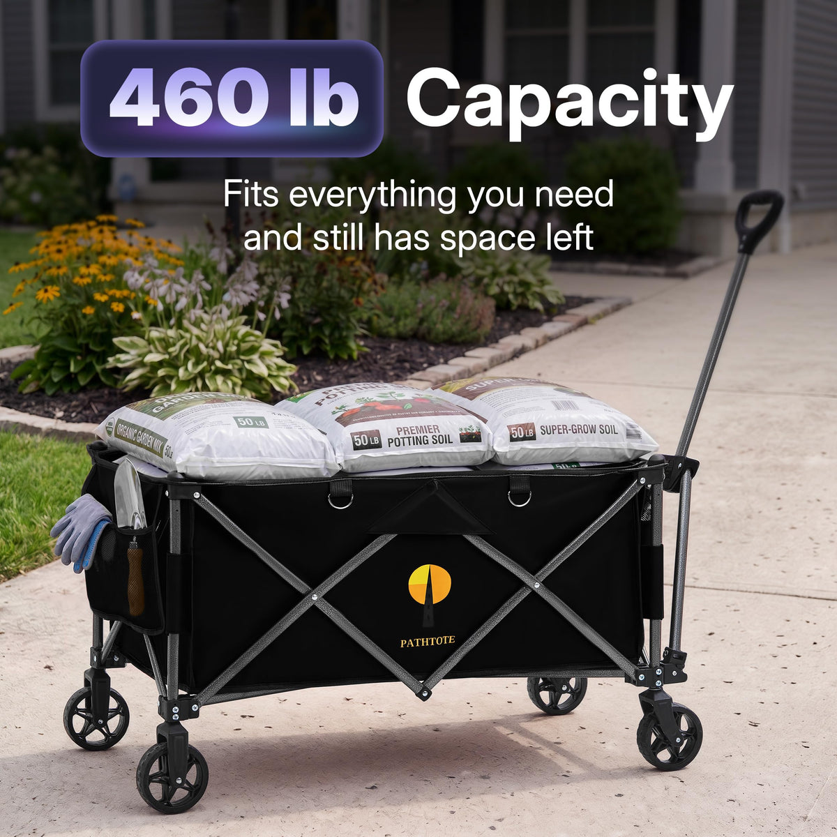 39" Collapsible Wagon with All-Terrain Wheels, 460 lbs Foldable Cart, Black Z124