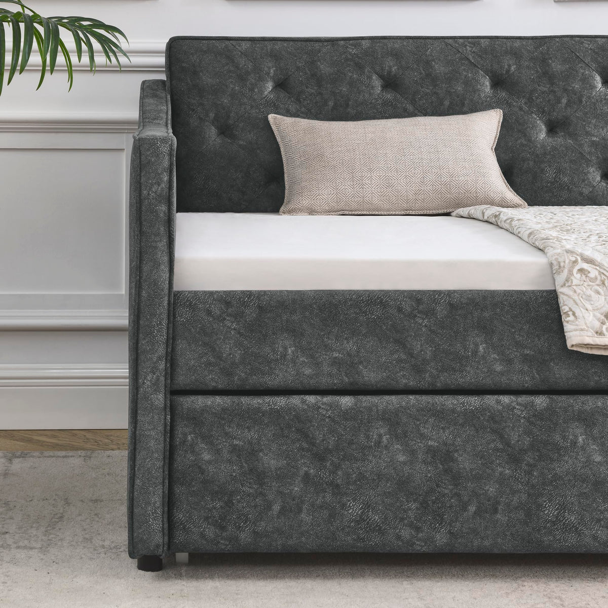 Grey Velvet Tufted Twin Size Daybed with Trundle D716470