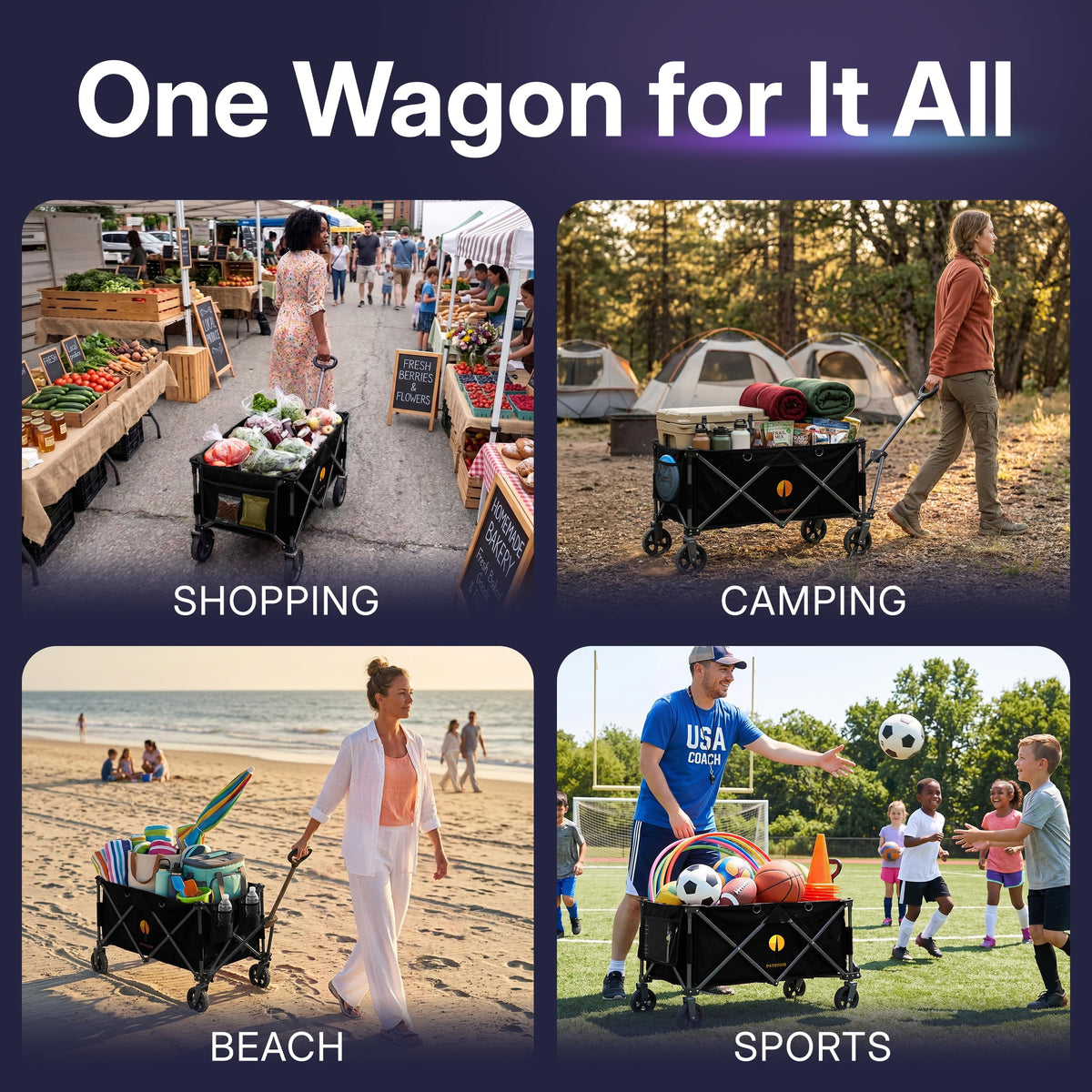 39" Collapsible Wagon with All-Terrain Wheels, 460 lbs Foldable Cart, Black Z124