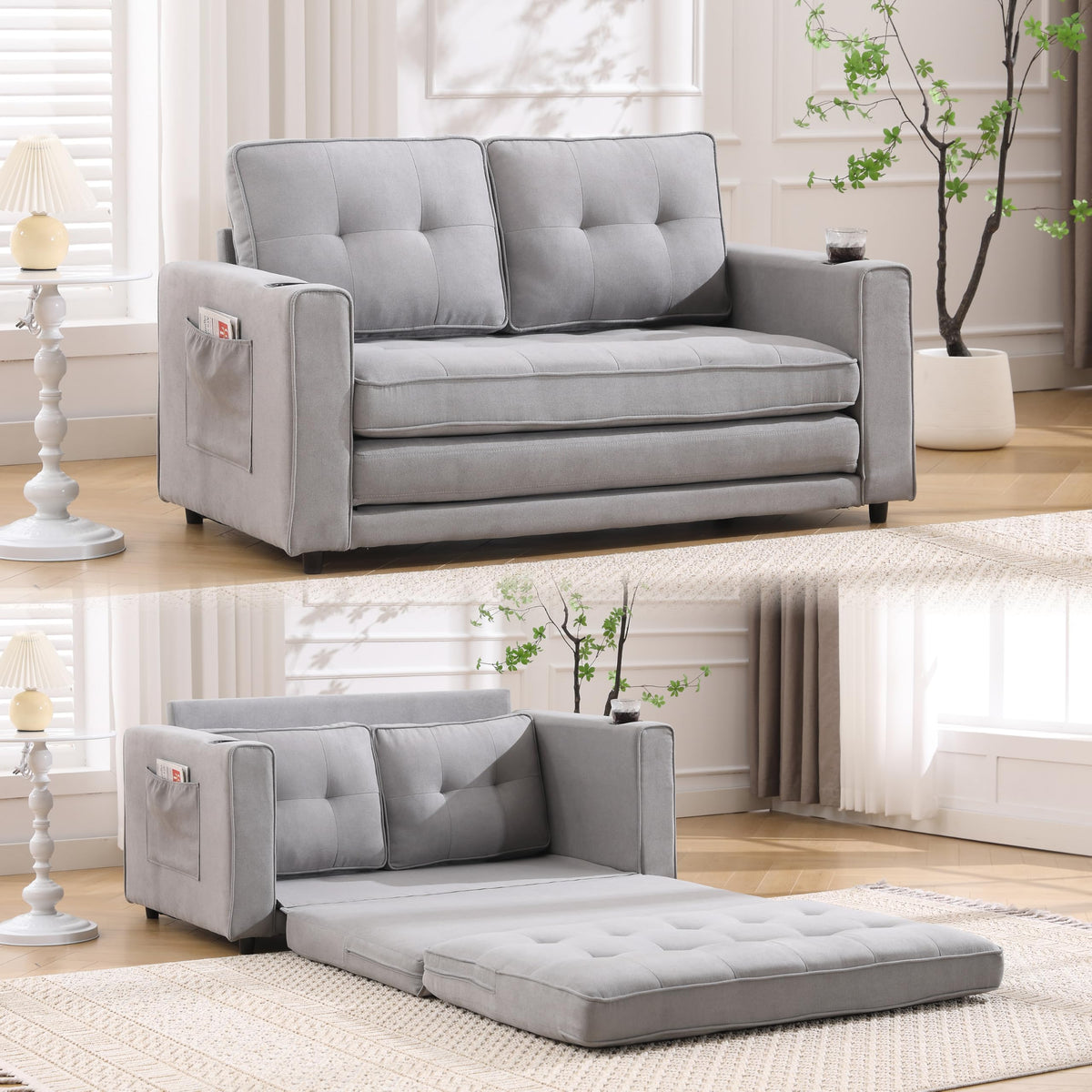 Light Gray Convertible Futon Sofa Bed with Cup Holder L6688