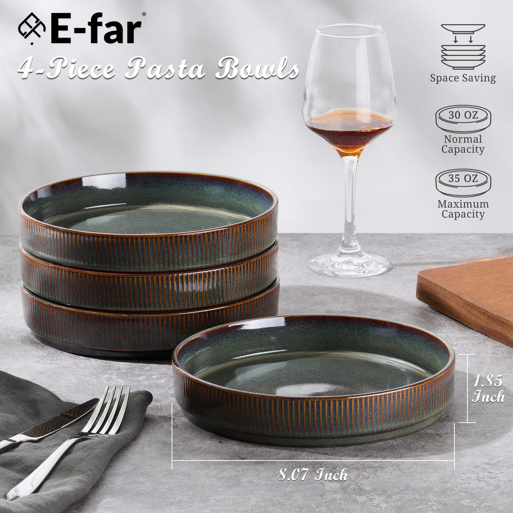 12-Piece Plates and Bowls Set and 35oz Pasta Bowls Set of 4, Stoneware Dinnerware Set for 4, Blackish Green L135533
