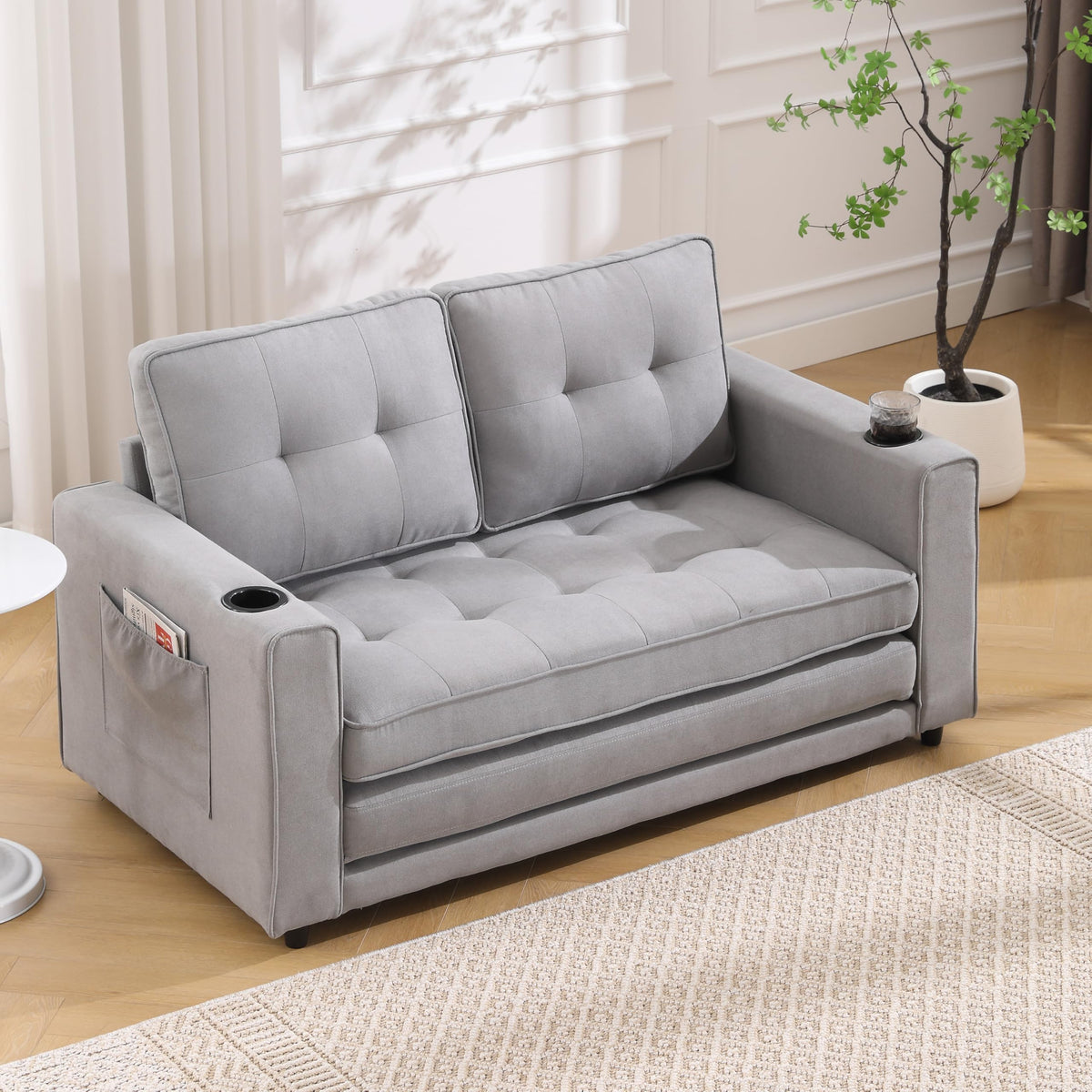 Light Gray Convertible Futon Sofa Bed with Cup Holder L6688