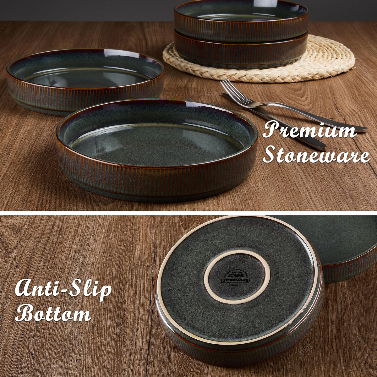 12-Piece Plates and Bowls Set and 35oz Pasta Bowls Set of 4, Stoneware Dinnerware Set for 4, Blackish Green L135533