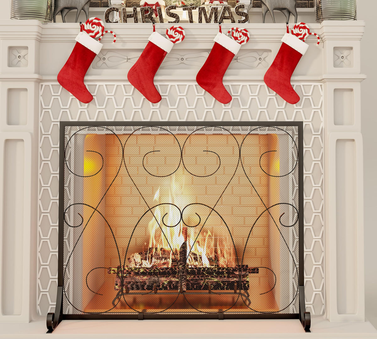 Handcrafted Wrought Iron Flat Fireplace Screen with Steel Frame Metal Mesh Black C785215