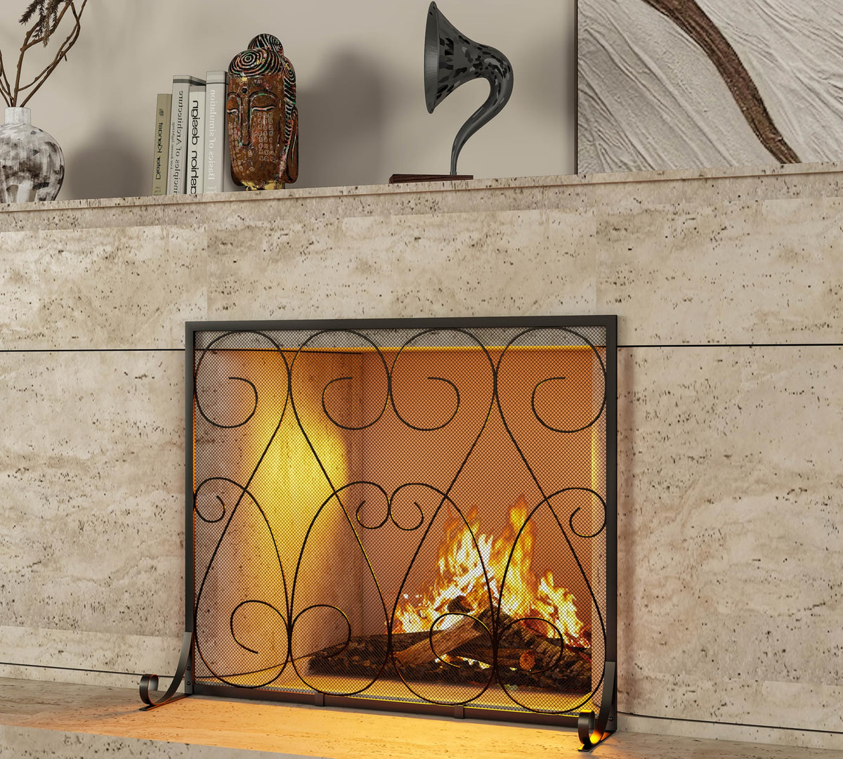 Handcrafted Wrought Iron Flat Fireplace Screen with Steel Frame Metal Mesh Black C785215
