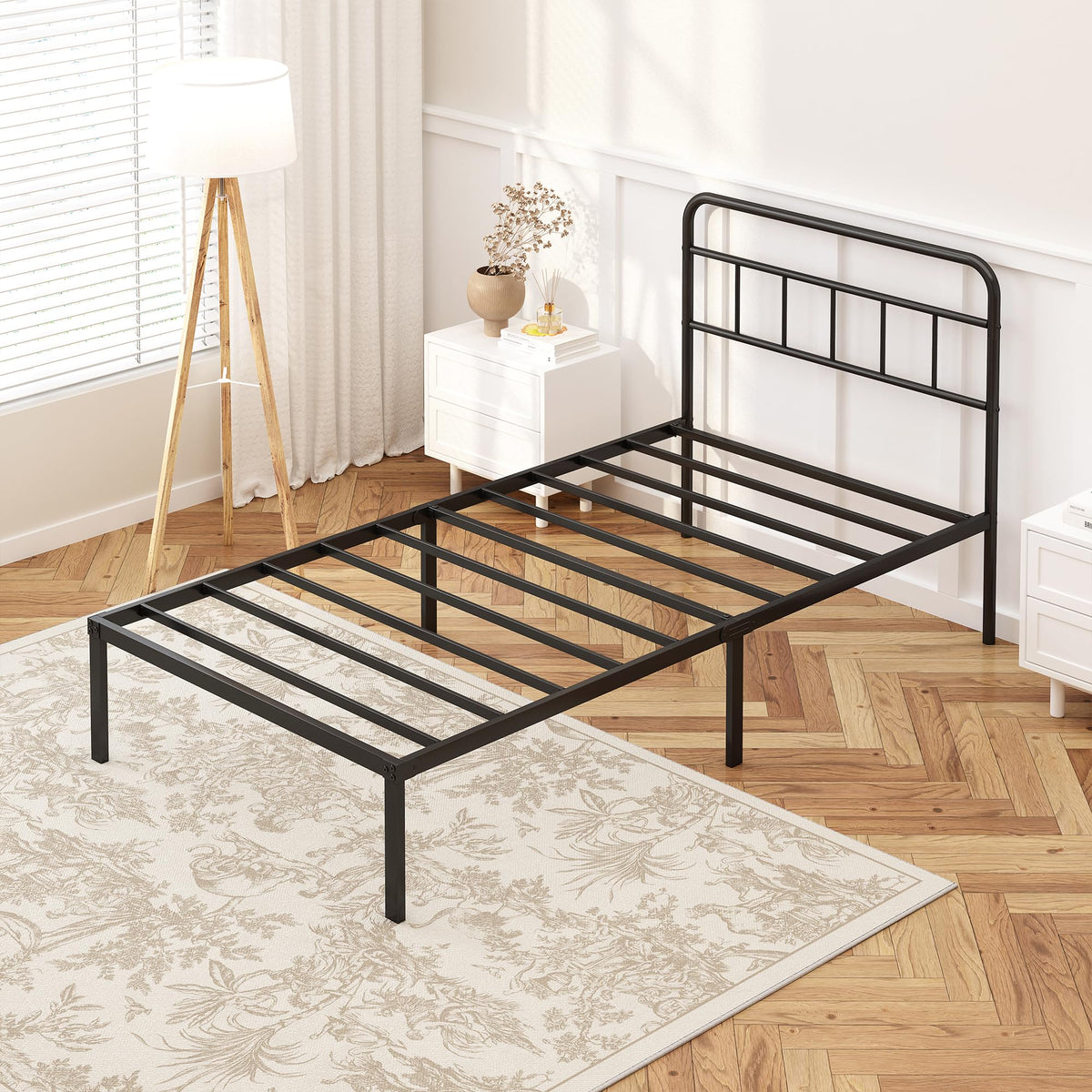 12 inches Twin Bed Frame with Minimalist Headboard, Black H953