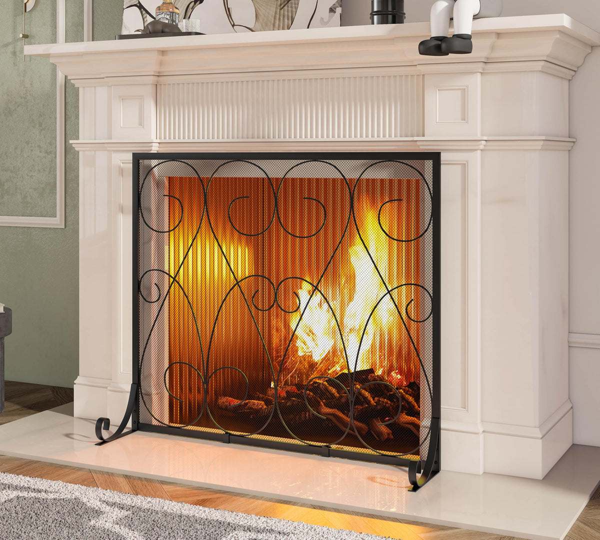 Handcrafted Wrought Iron Flat Fireplace Screen with Steel Frame Metal Mesh Black C785215