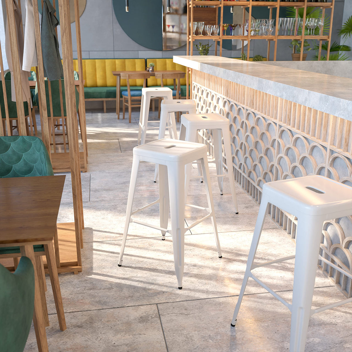 White Metal Indoor-Outdoor Barstool with Square Seat W9621